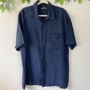 Brandini 100% Linen Short Sleeve Button Down Shirt Navy